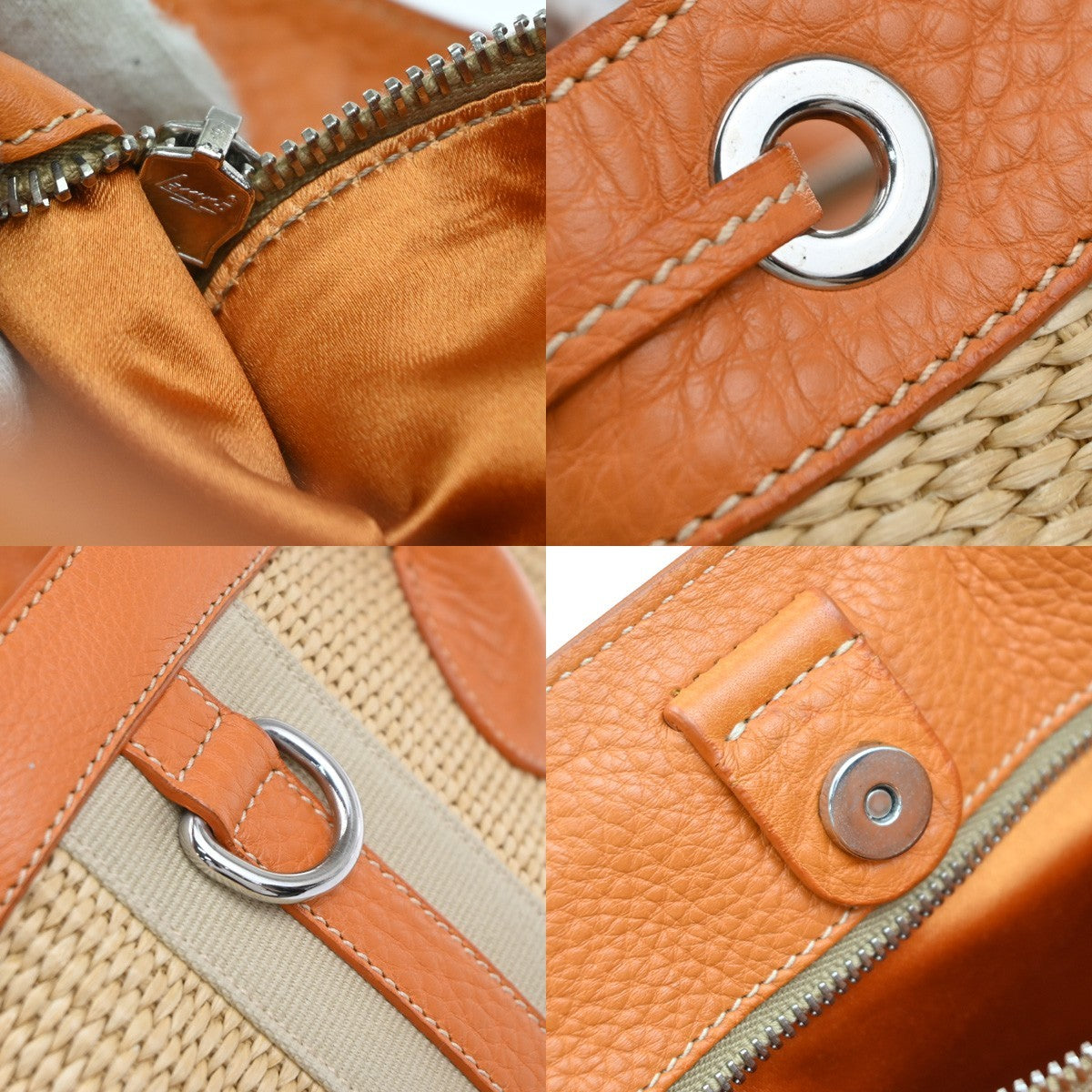 PRADA Logo Shoulder Bag Raffia Straw Leather Beige Orange SHW Italy 76YJ131