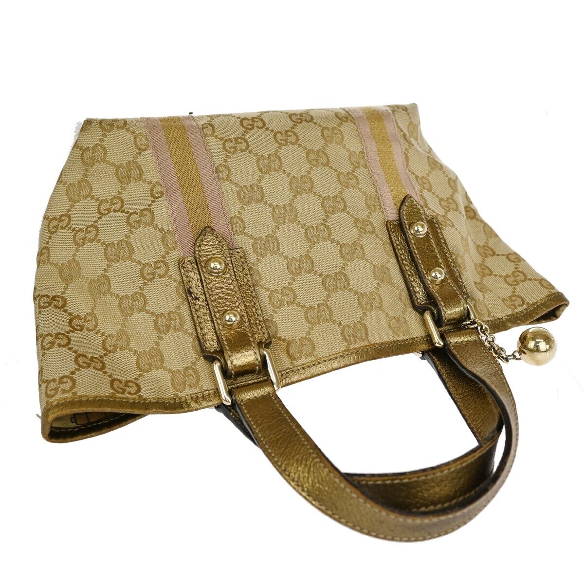 GUCCI GG Pattern Sherry Mini Hand Bag canvas Leather Beige Gold Italy 67DA078