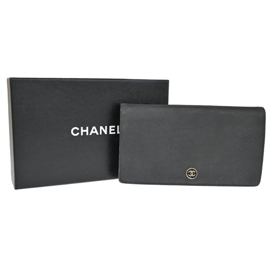 CHANEL CC Logo Long Bifold Wallet Purse Leather Black GHW Made in Spain 60EA118