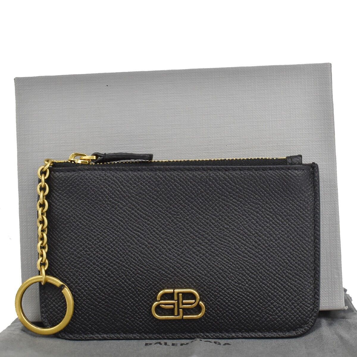 BALENCIAGA BB Logo Coin Wallet Purse Key Ring Leather Black Gold Italy 65RH003
