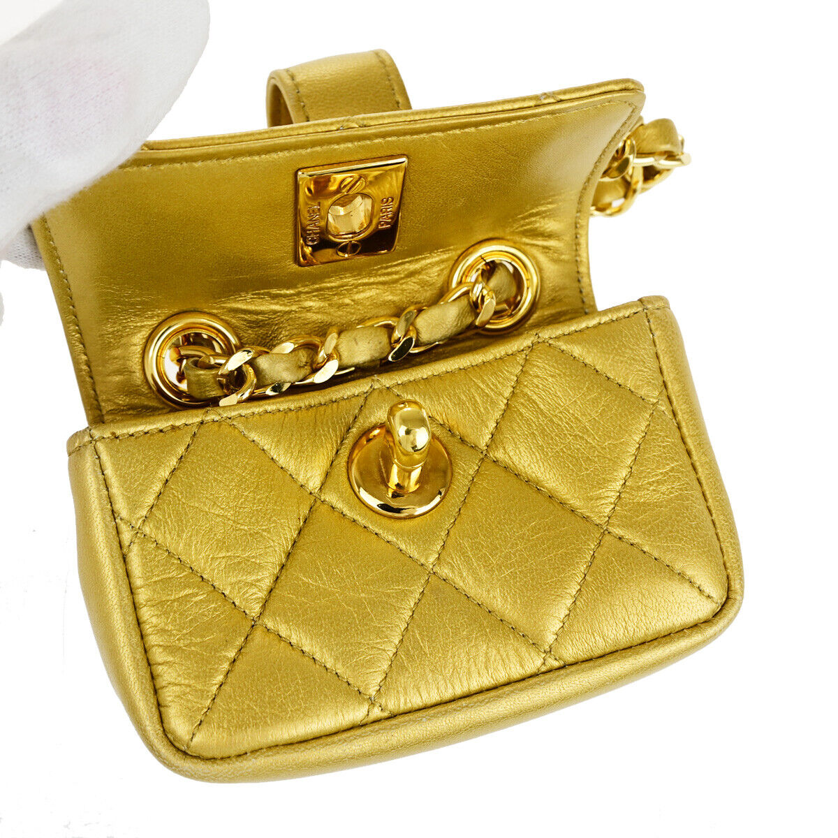 CHANEL CC Mini Matelasse Chain Hand Bag Belt Charm Leather Gold Vintage 330LC510