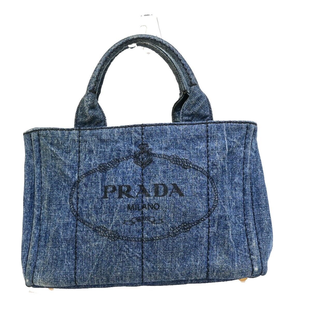 PRADA Logo Canapa Hand Tote Bag Denim Leather Blue GHW 39EB670
