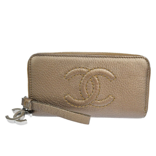 CHANEL CC Logo Luxury Line Bifold Wallet Coin Purse Leather Brown SHW 32YD864