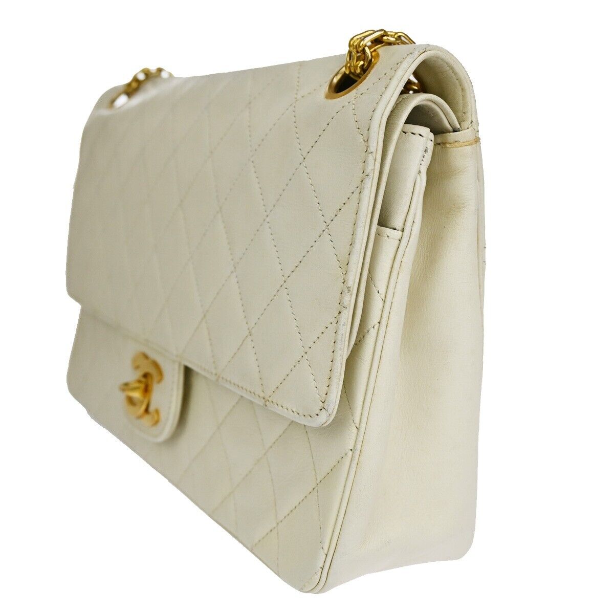 CHANEL CC Matelasse 25 Double Flap Chain Shoulder Bag Leather White GHW 636RJ391