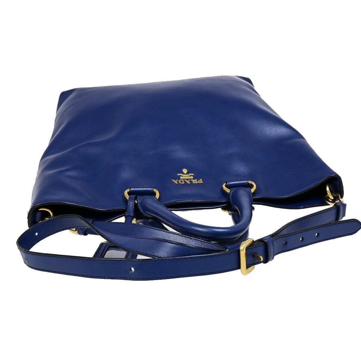 PRADA MILNO Logo 2Way Shoulder Tote Bag Leather Blue Gold-Plated 70EB366