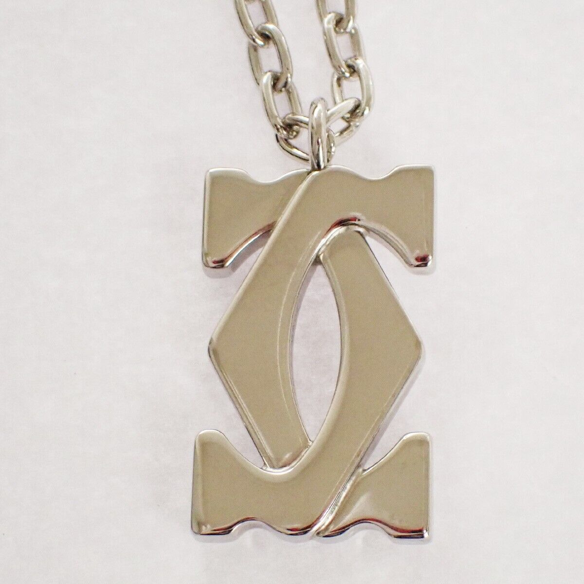 CARTIER 2C Logo Chain Necklace Top Charm  Key Ring Silver ACCESSORY 01SH128