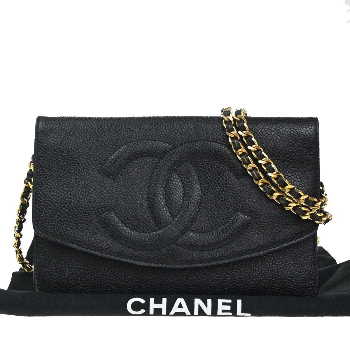 CHANEL Chain Shoulder Bag Wallet Grained Calfskin Leather Black Vintage 691RP061