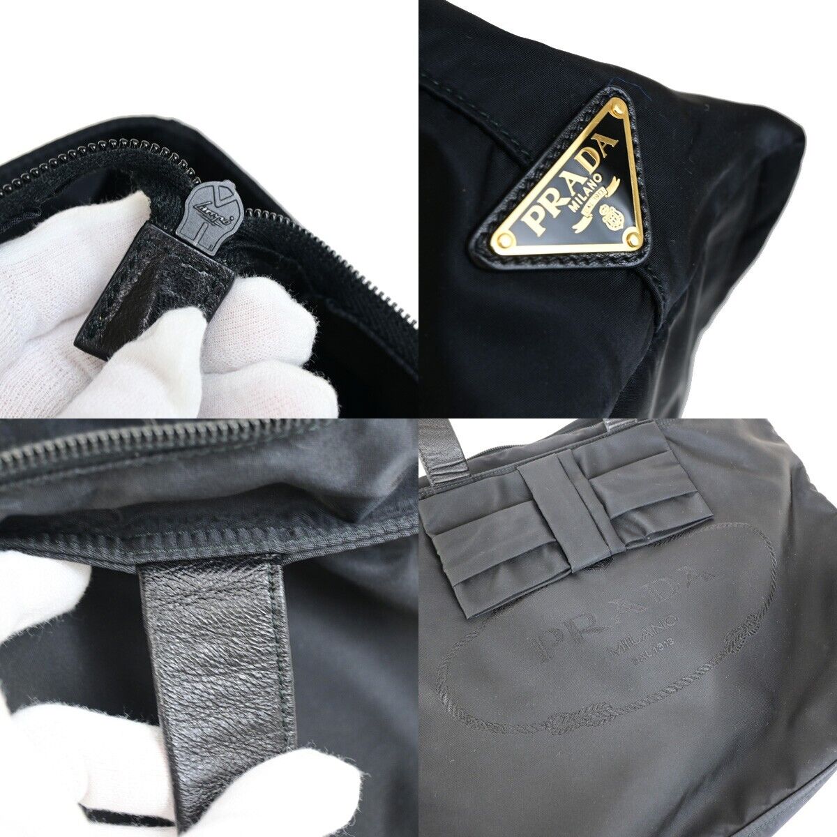 PRADA Logo Tessuto Ribbon Shoulder Tote Bag Nylon Leather Black Italy 95RK666