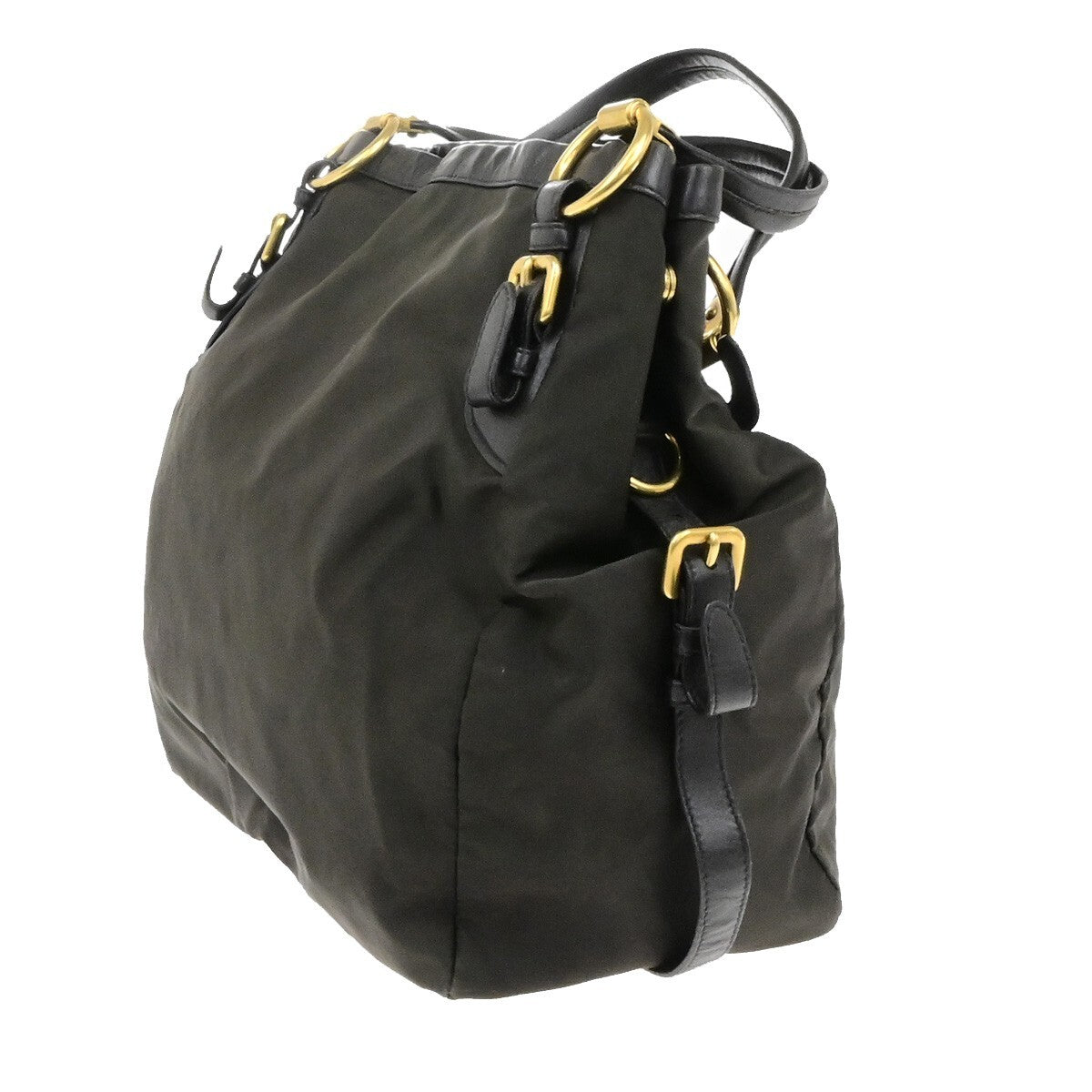 PRADA Logo Tessuto Shoulder Hand Bag Nylon Leather Brown Khaki GHW 81EE120