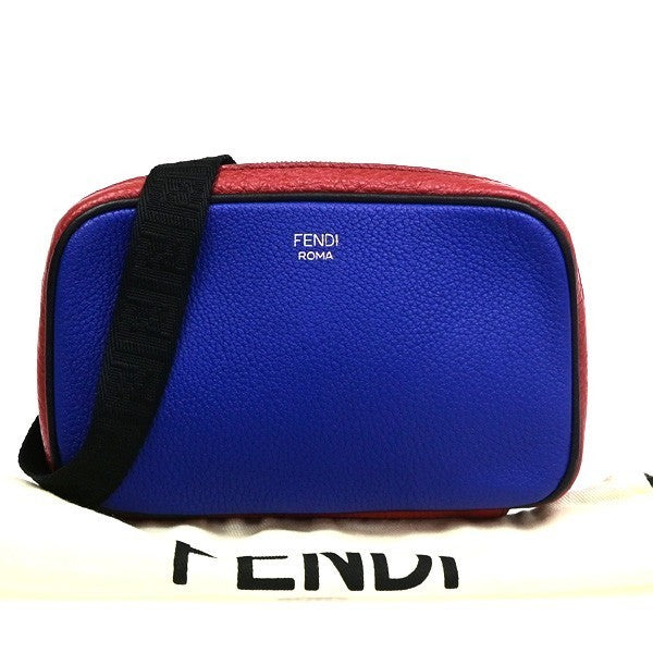FENDI Logo Camera Case Mini Shoulder Bag Leather Red Blue SHW Italy 84CB041