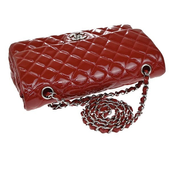 CHANEL Matelasse 25 Double Flap Chain Shoulder Bag Patent Leather Red 339RF259