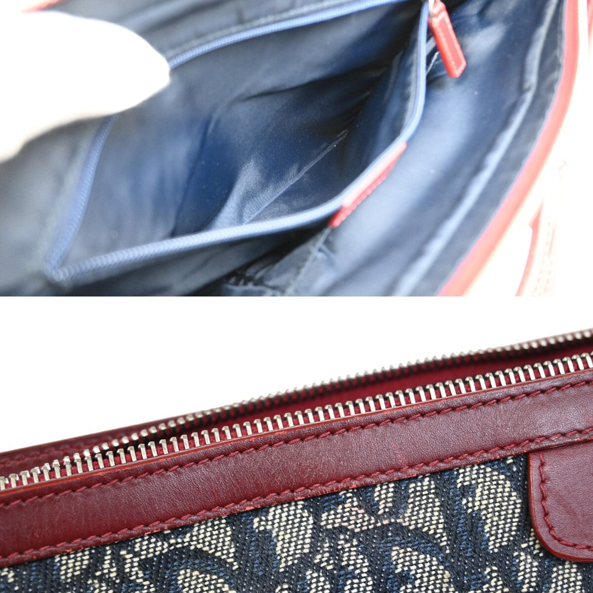CHRISTIAN DIOR Trotter Pattern Hand Bag Canvas Leather Navy Blue Red 16EE257