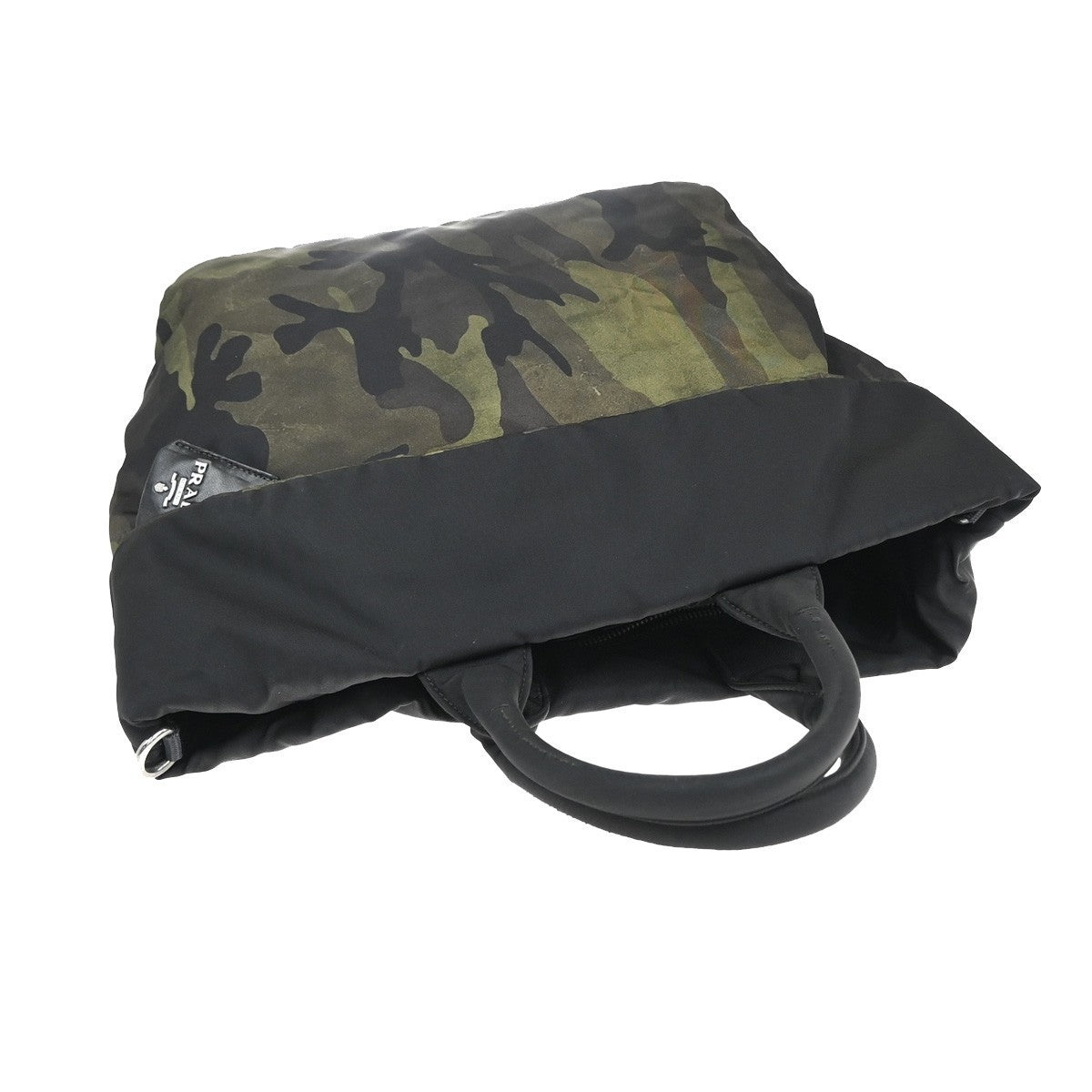 PRADA Logo Reversible Tessuto Hand Bag Nylon Leather Camouflage Black 35KP373