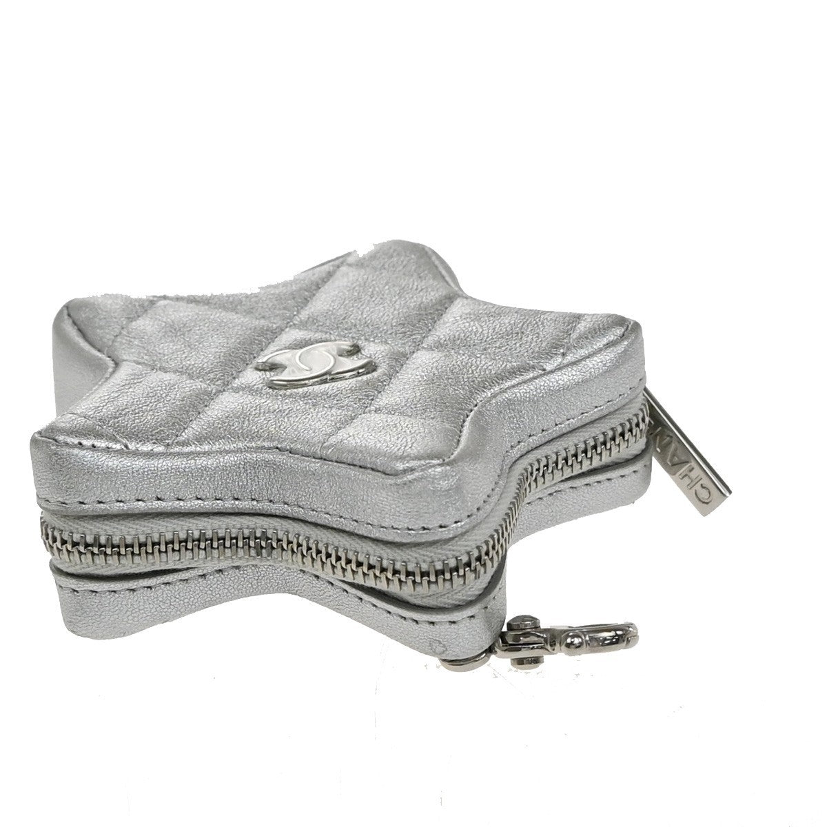 CHANEL CC Logo Matelasse Star Mini Charm Wallet Coin Case Leather Silver 82RF868