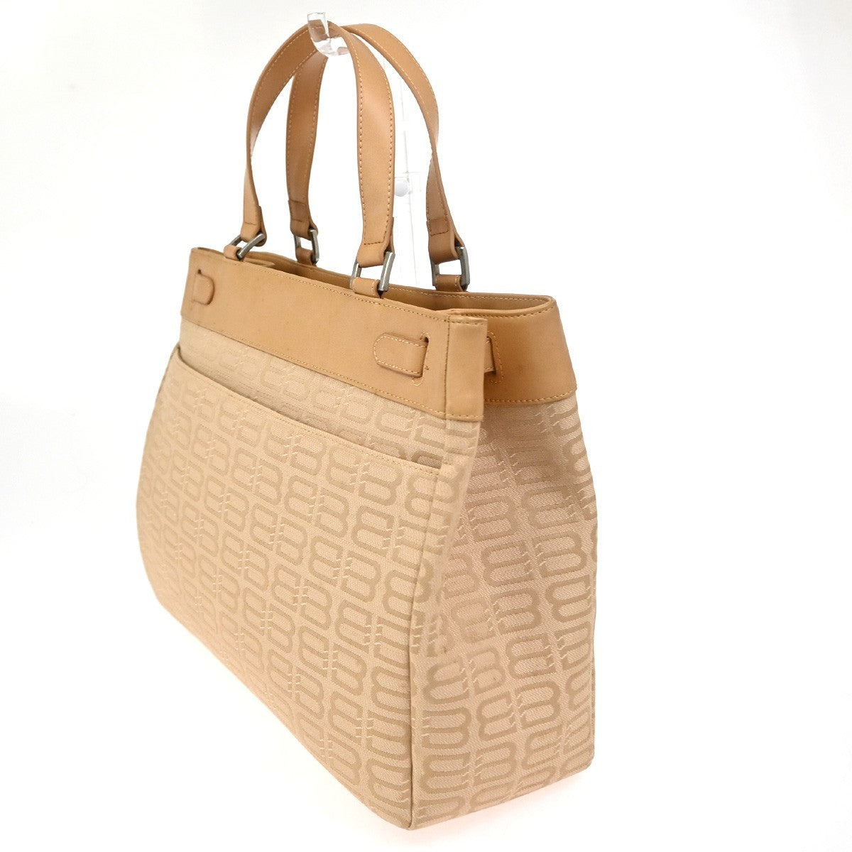 BALENCIAGA Logo BB Pattern Hand Tote Bag Canvas Leather Beige SHW 09CA910