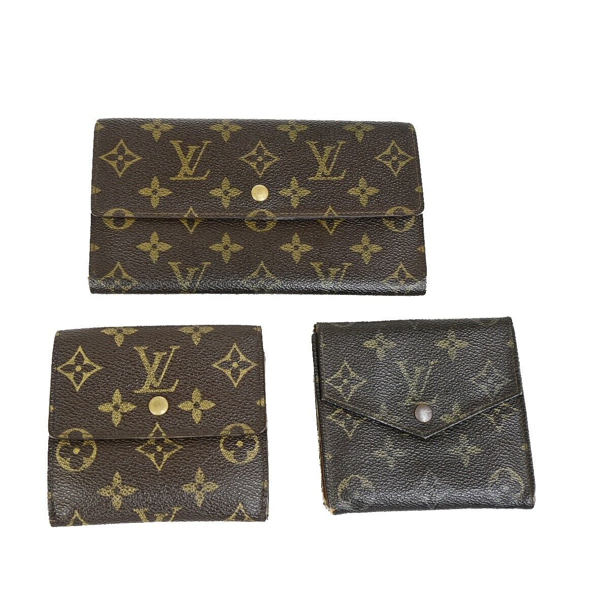 LOUIS VUITTON LV Logo 3 Set Bifold Wallet Purse Monogram Leather Brown 04EC888