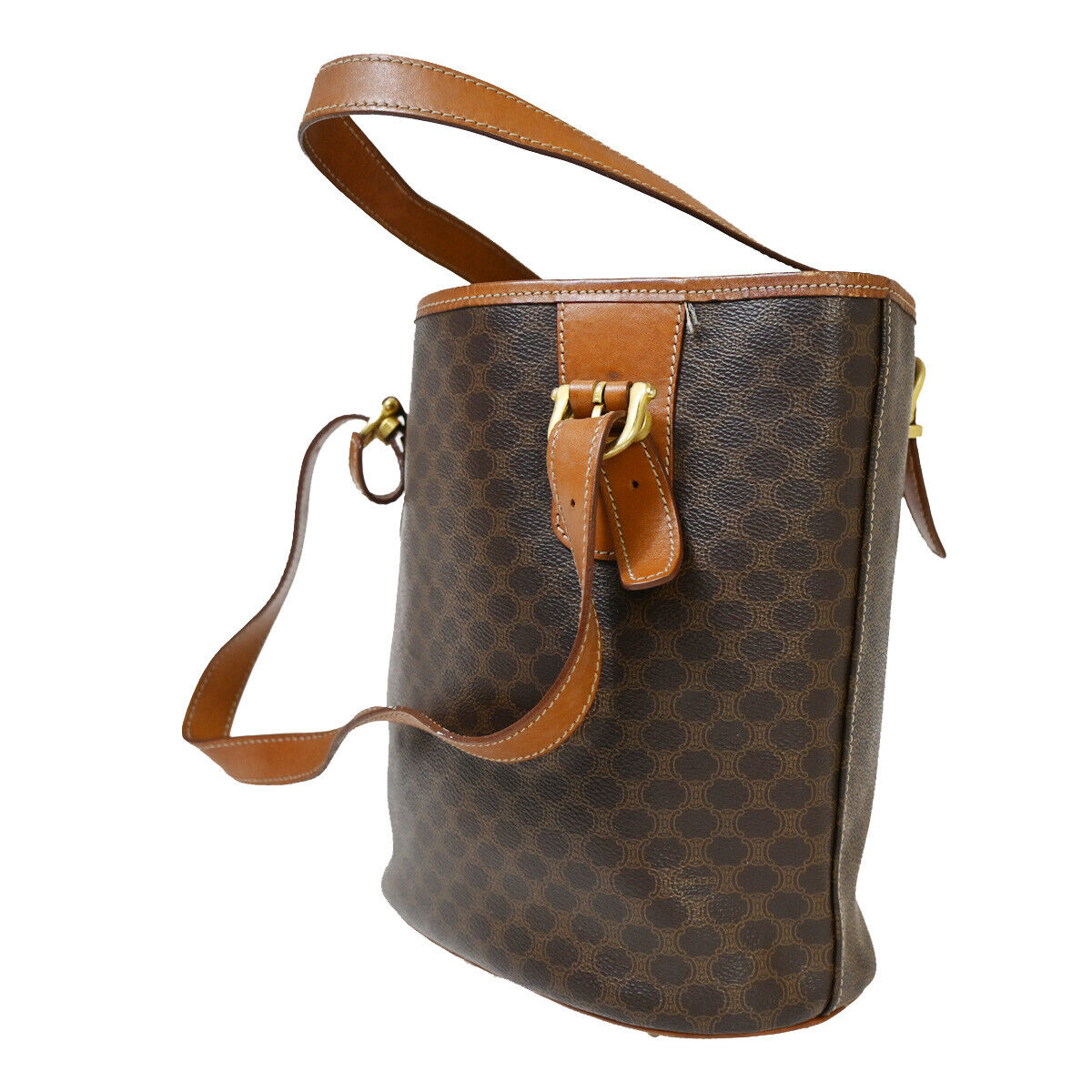 CELINE Logo Macadam Pattern Shoulder Tote Bag PVC Leather Brown GHW 33YE326