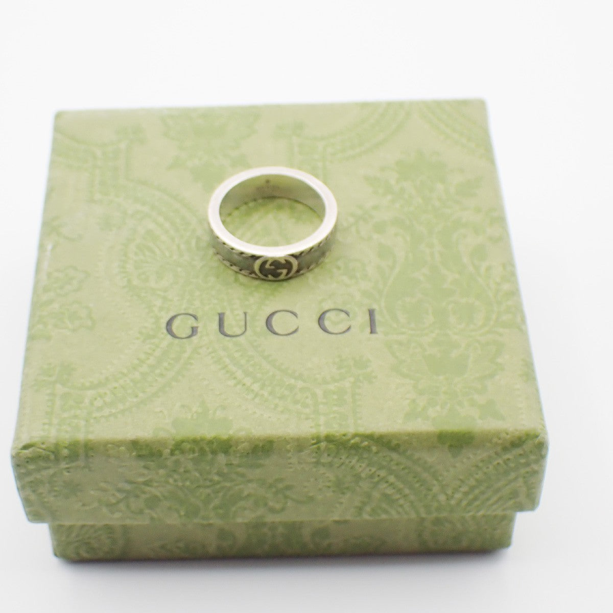 GUCCI Interlocking G Ring Size JP 17 US 8.5 Ag 925 Green Silver Italy 63KP565