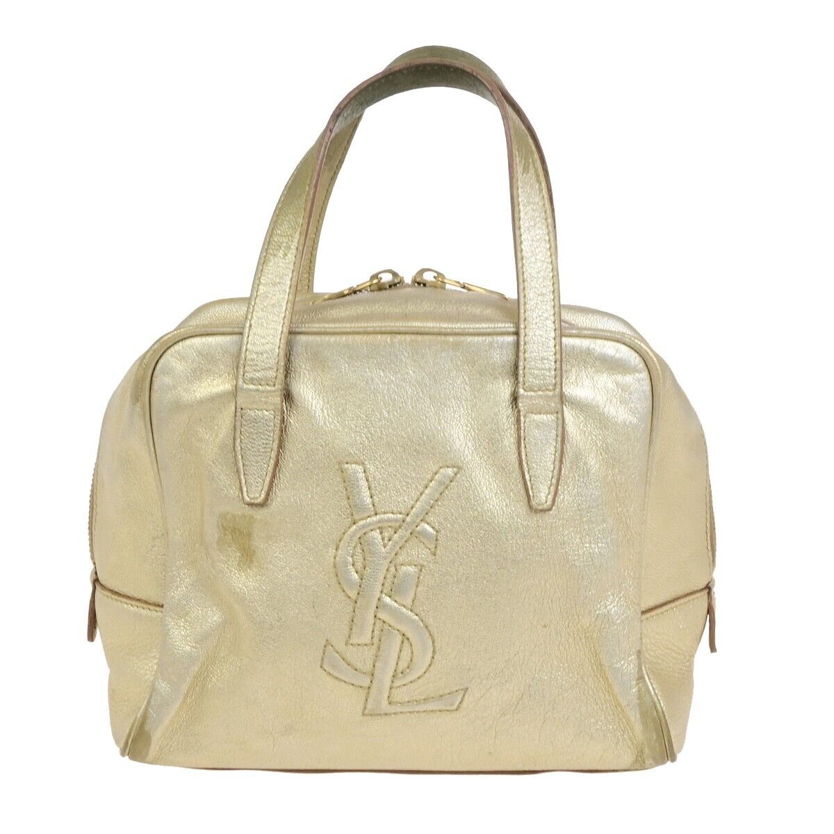 YVES SAINT LAURENT YSL Logo Small Hand Bag Leather Gold Italy 05FB447