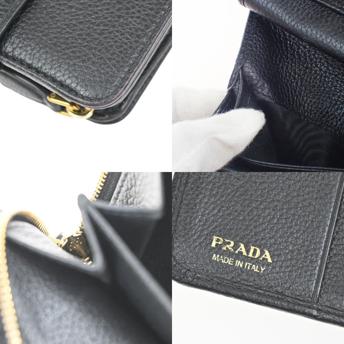 PRADA Logo Bifold Compact Wallet Purse Vitello Leather Black GHW Italy 65YJ111