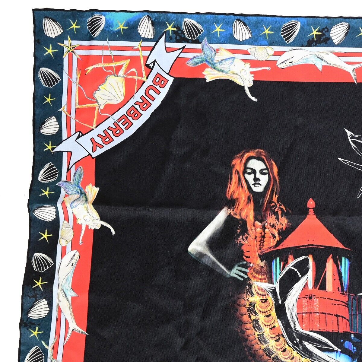 BURBERRY LONDON XL JUMBO Mermaid Scarf Handkerchief Silk Black Accessory 60KA304