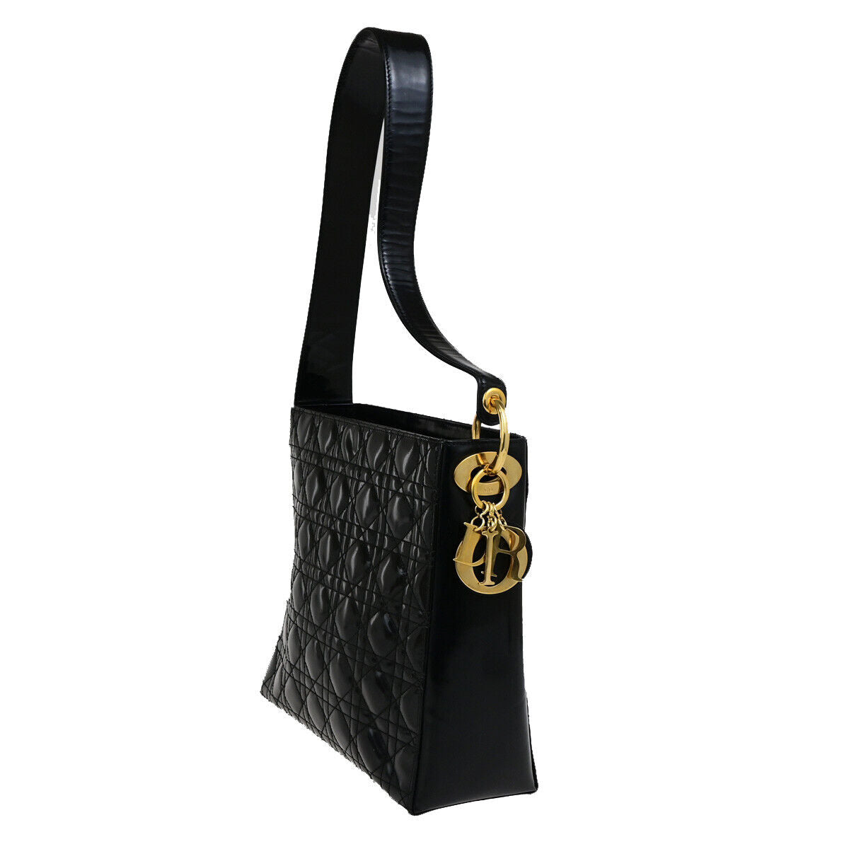 CHRISTIAN DIOR Logo Cannage Shoulder Bag Patent Leather Black GHW Italy 31YG637
