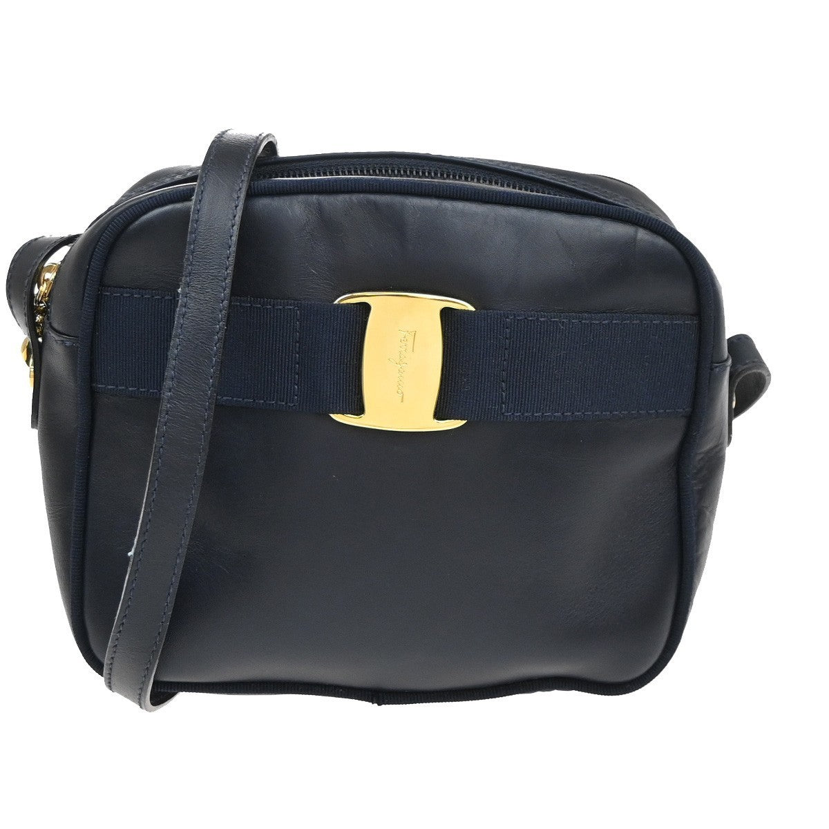 SALVATORE FERRAGAMO Logo Vara Shoulder Bag Leather Navy Blue GHW Italy 09MA547