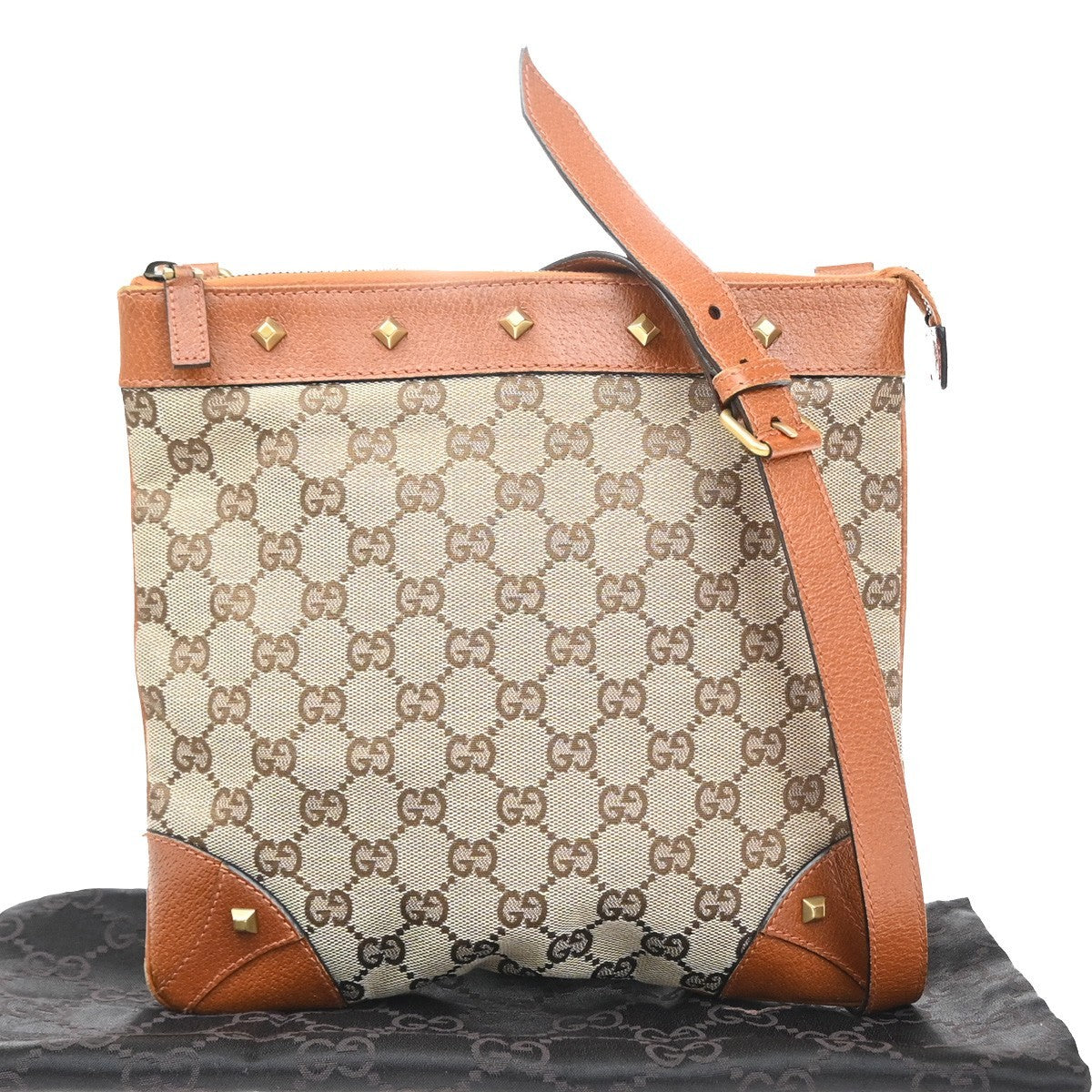 GUCCI Nailhead GG Pattern Shoulder Bag Canvas Leather Brown Orange 70YJ155