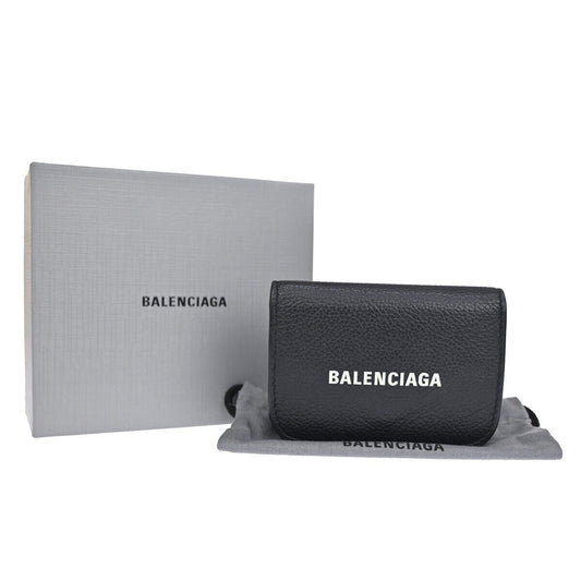 BALENCIAGA Logo Everyday Mini Trifold Wallet Purse Leather Black Italy 64HB612