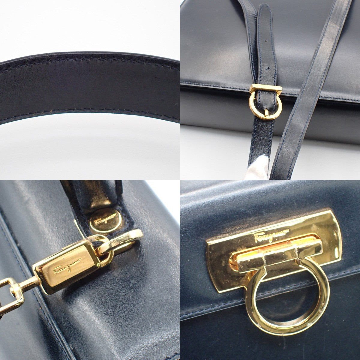 SALVATORE FERRAGAMO Gancini 2Way Shoulder Hand Bag Leather Navy Blue GHW 61AA155