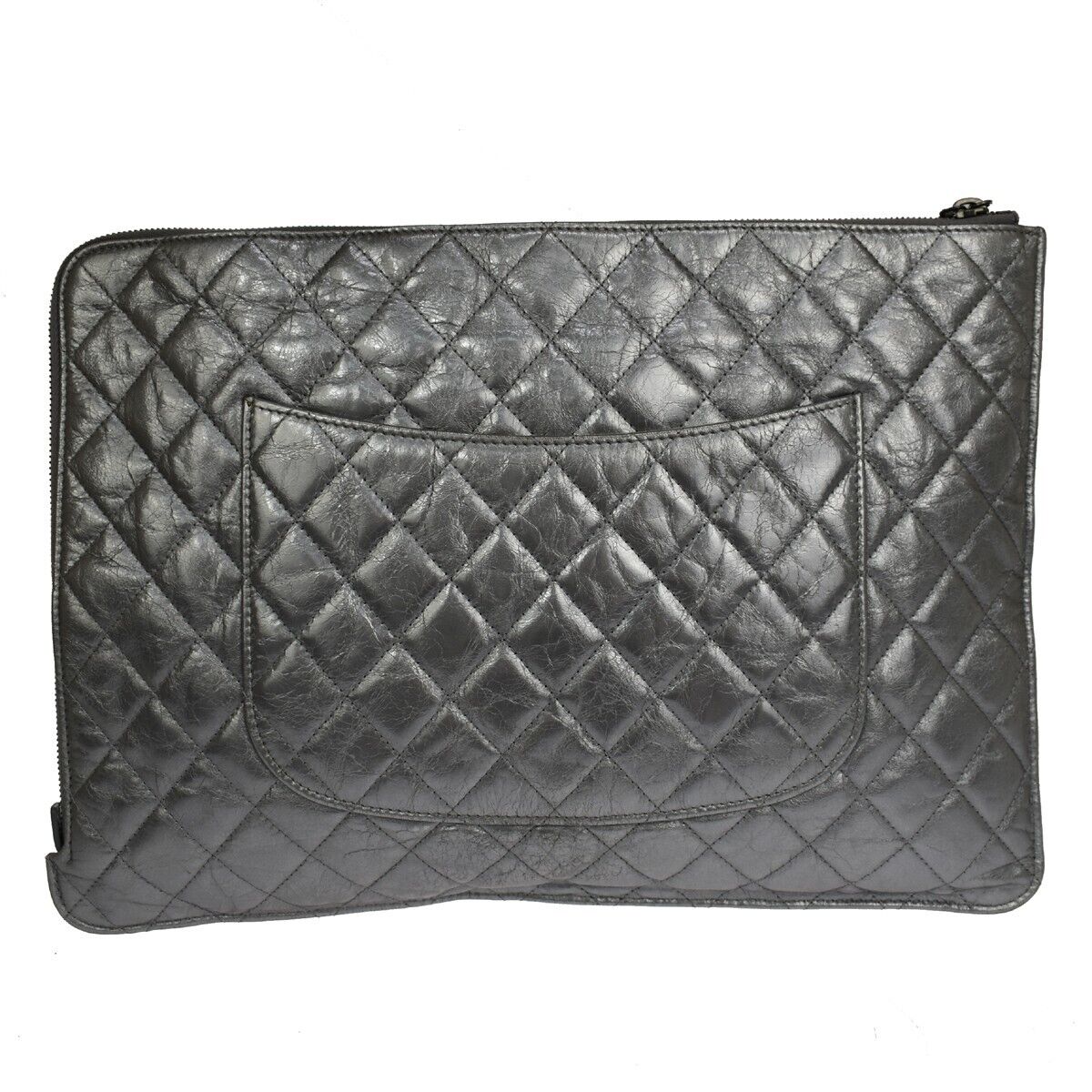 CHANEL Logo Matelasse Clutch Hand Bag Leather Silver Italy 89GA417