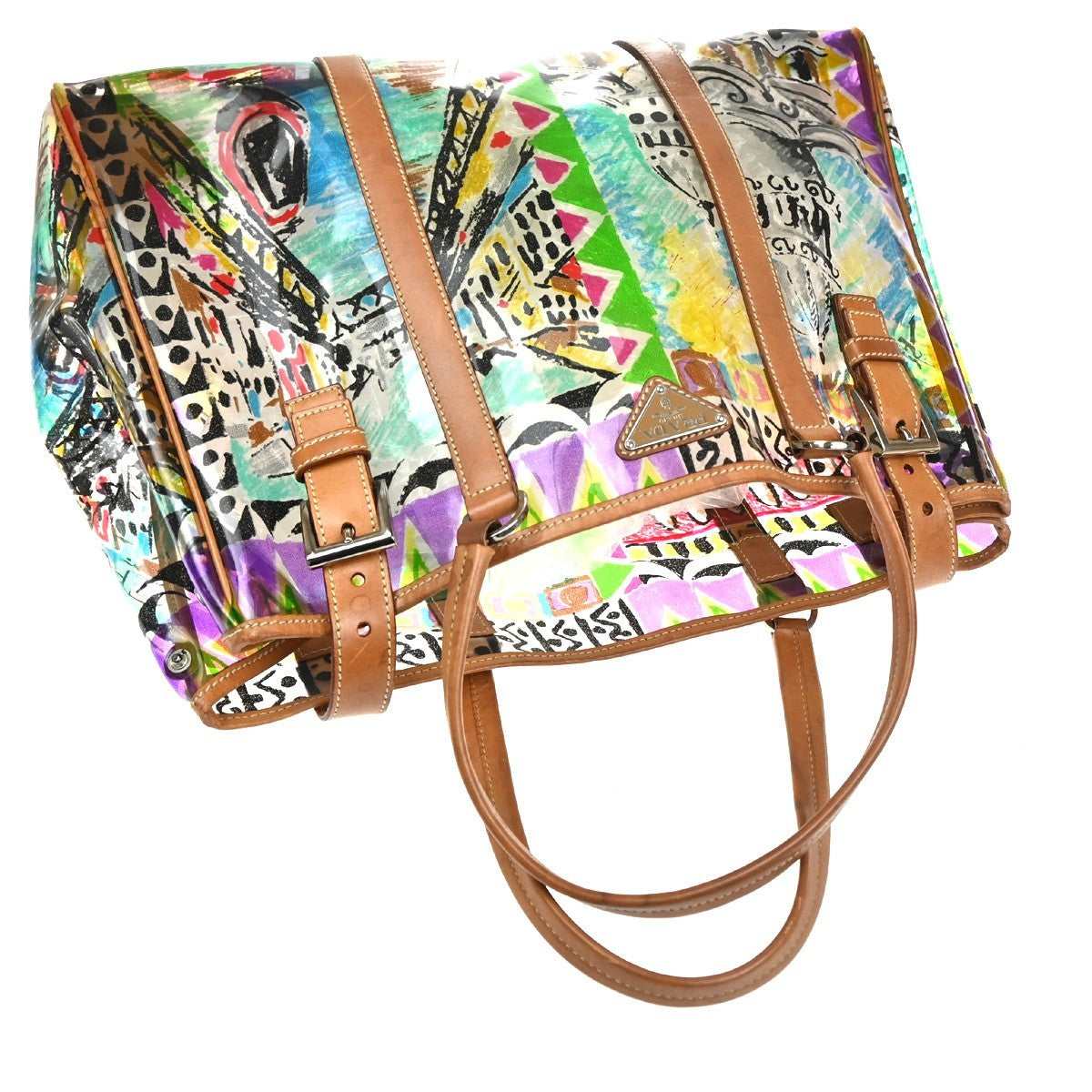 7.Live PRADA Venetian Print Shoulder Tote Bag Vinyl Leather Brown Italy 37KD059