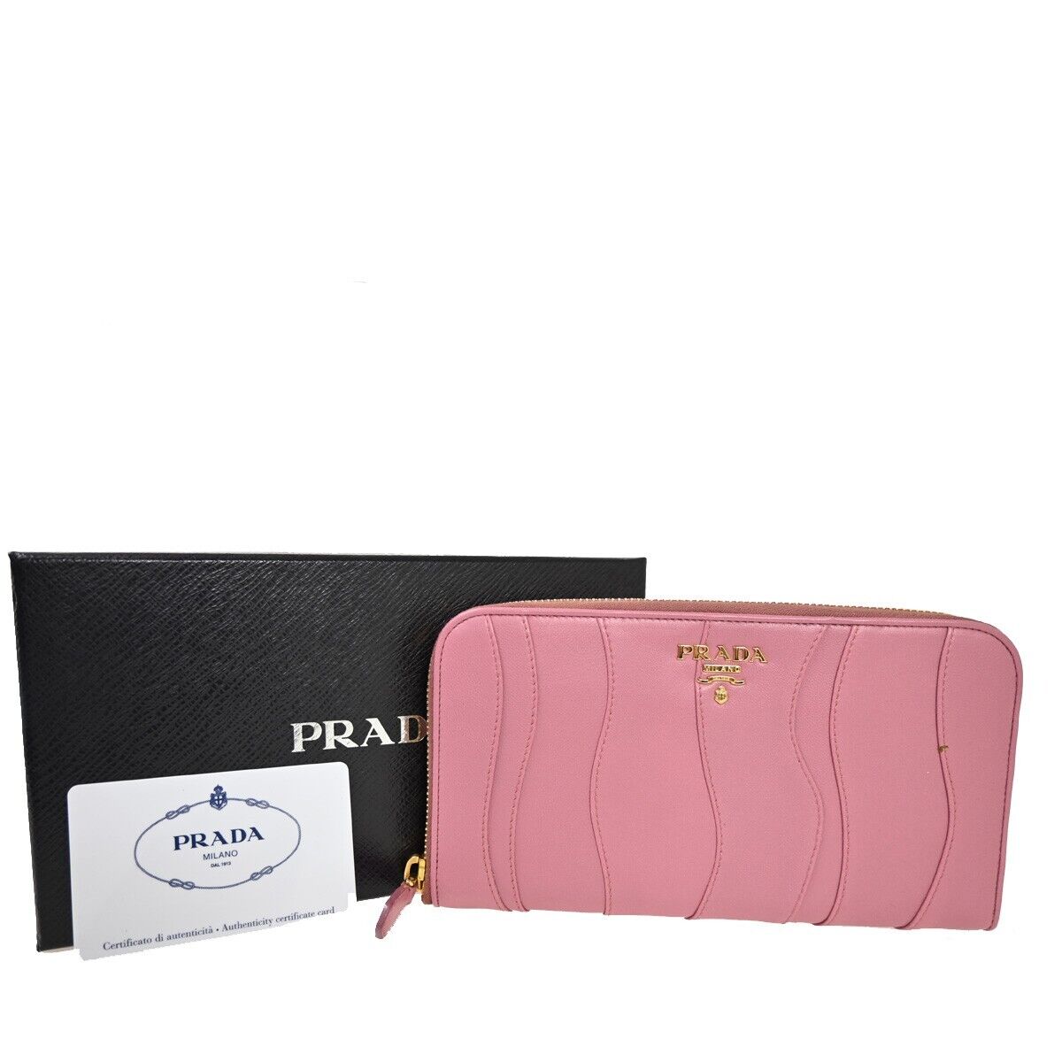 PRADA Logo Long Zip Wallet Nappa Stripes Leather Camelia Pink Gold Italy 82SH690