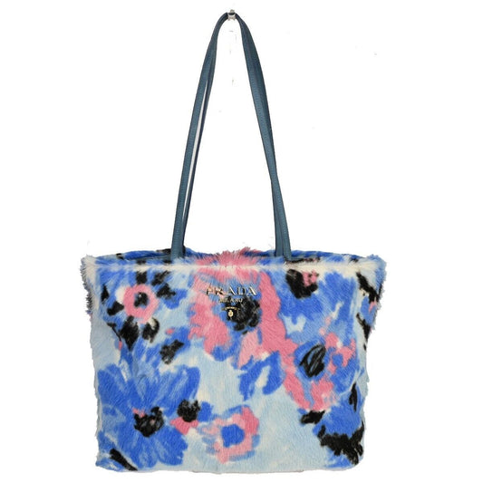 PRADA MILANO Logo Shoulder Tote Bag Fur Leather Blue Pink Gold Italy 16SH390