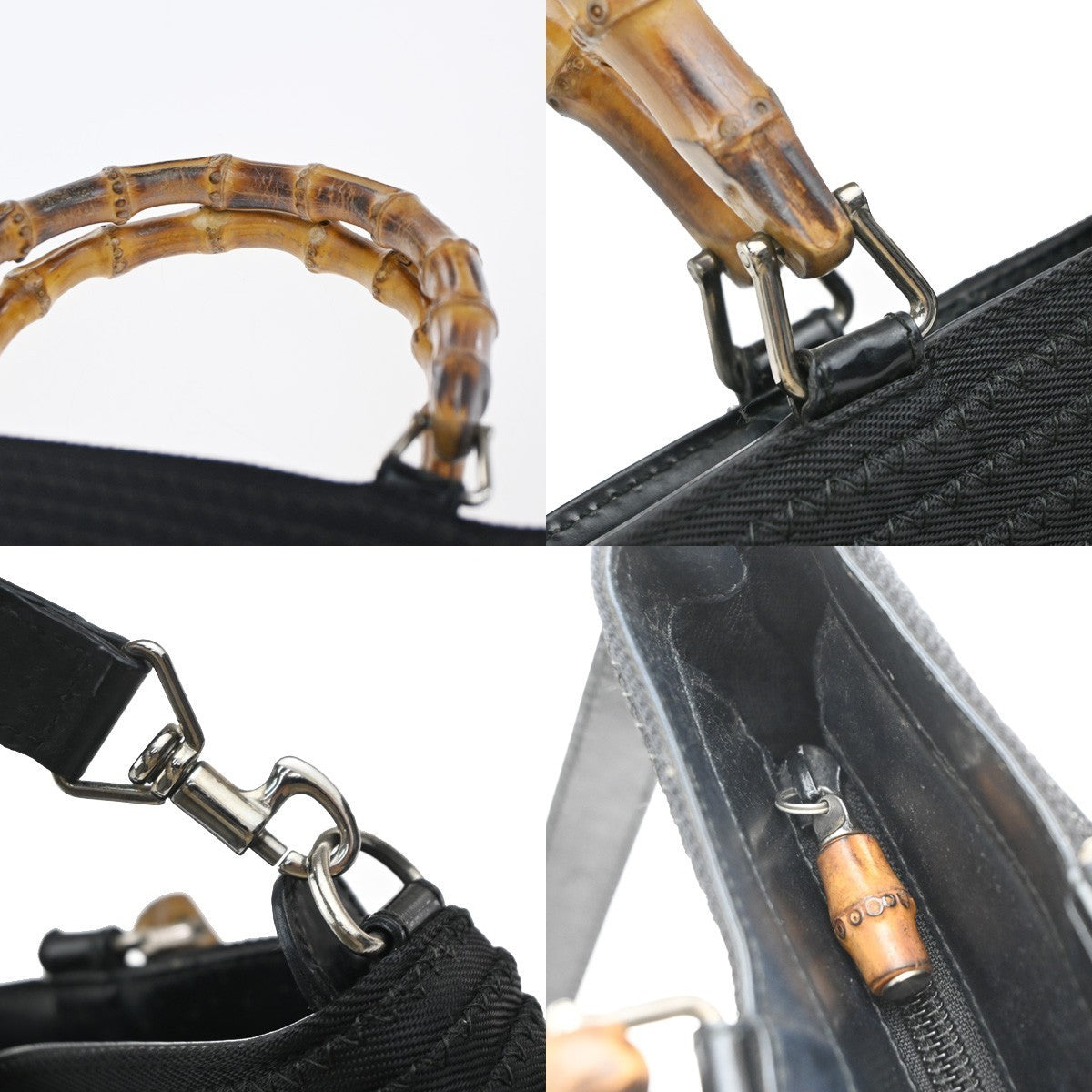 GUCCI Logo Bamboo 2Way Shoulder Hand Bag Canvas Leather Black SHW 67KP430
