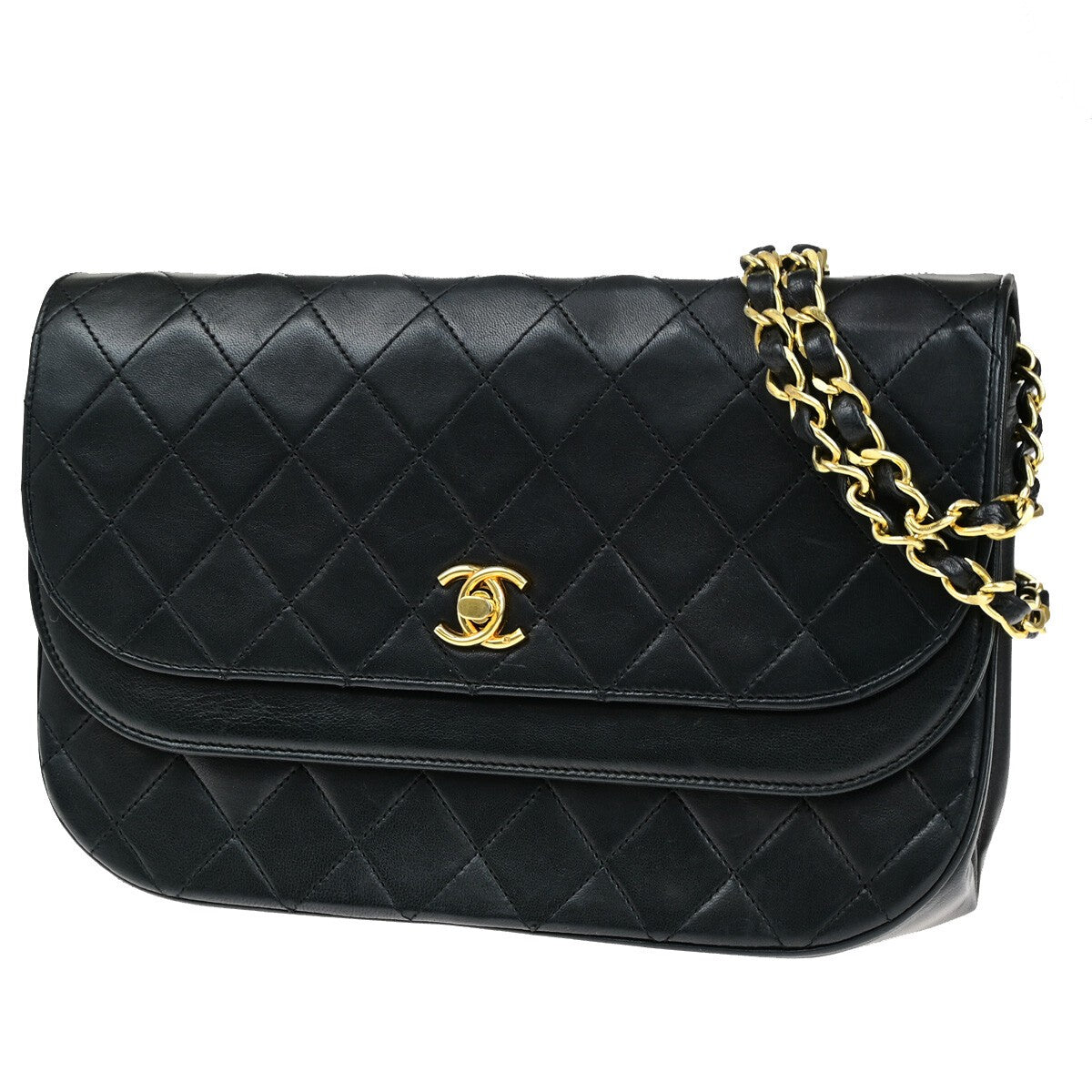 CHANEL CC Matelasse 23 Double Flap Chain Shoulder Bag Leather Black GHW 323RK827