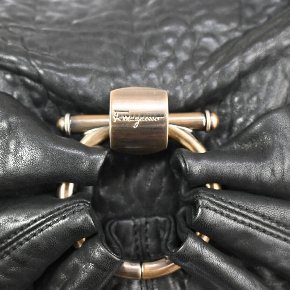 SALVATORE FERRAGAMO Logo Gancini Shoulder Tote Bag Leather Black  Italy 68DA065