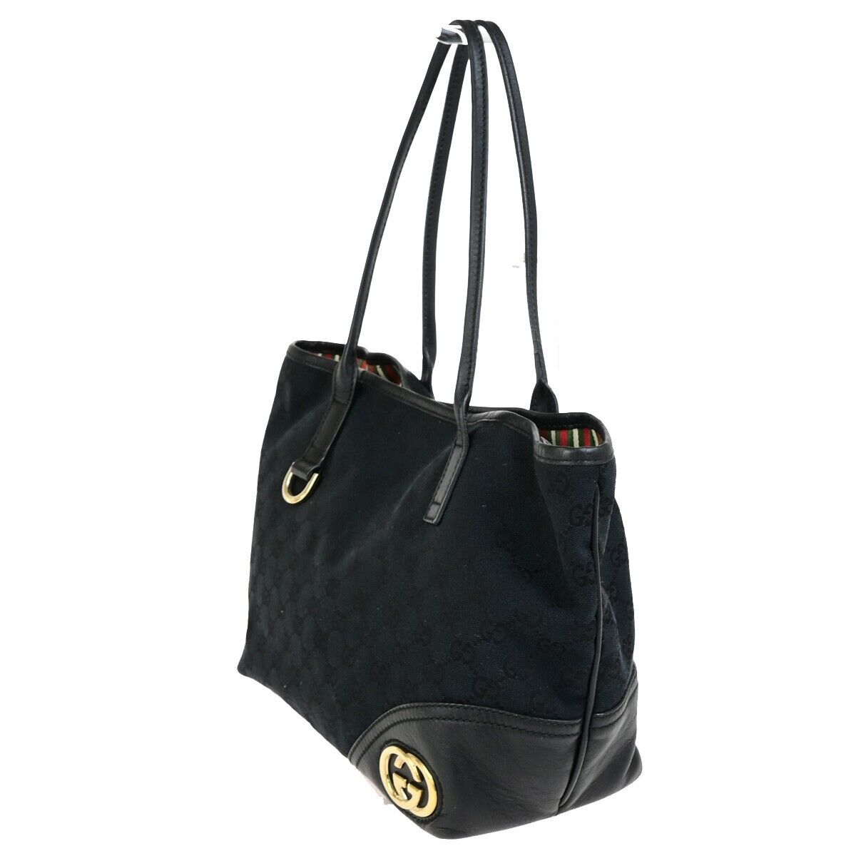 GUCCI Logo GG Pattern Shoulder Tote Bag Canvas Leather Black Italy 33FB339