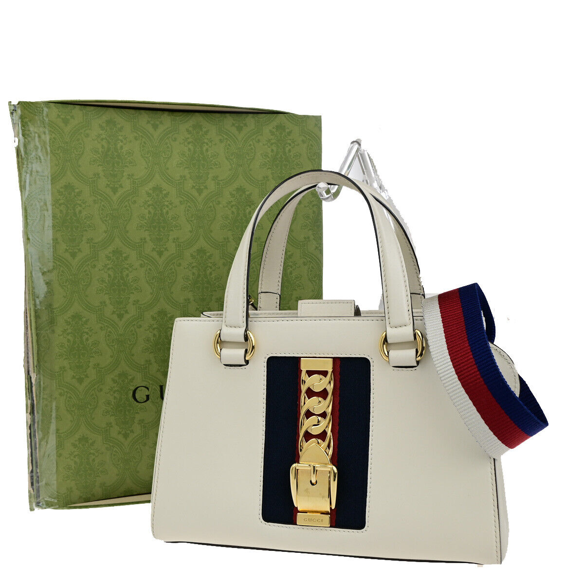 GUCCI Logo Sylvie Sherry 2 Way Shoulder Hand Bag Leather White GHW Italy 21YG624