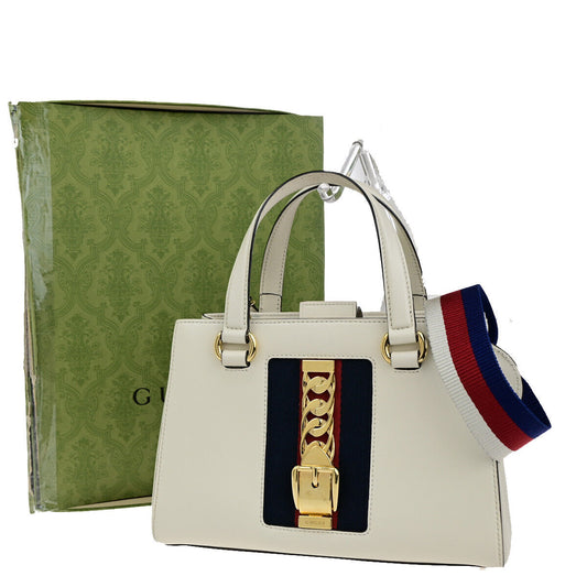 GUCCI Logo Sylvie Sherry 2 Way Shoulder Hand Bag Leather White GHW Italy 21YG624