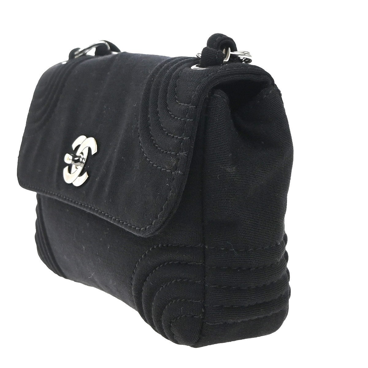 CHANEL CC Logo Jersey Chain Shoulder Bag Canvas Leather Black SHW Italy 678RL975