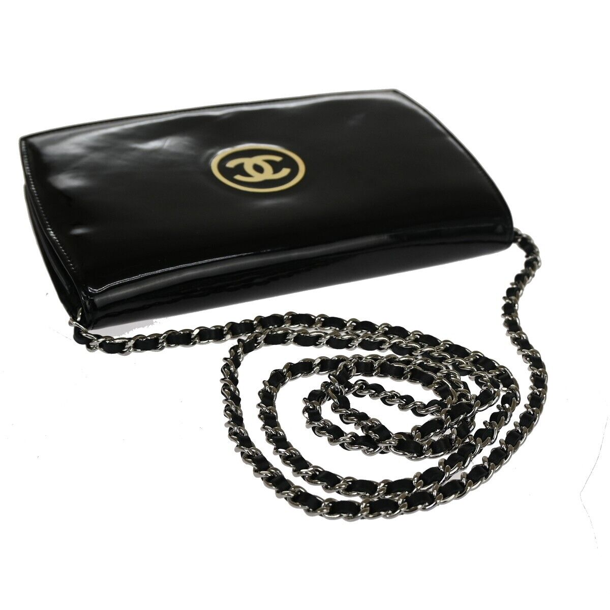 CHANEL CC Logo Mini Chain Wallet Shoulder Bag Patent Leather Black SHW 683RH866