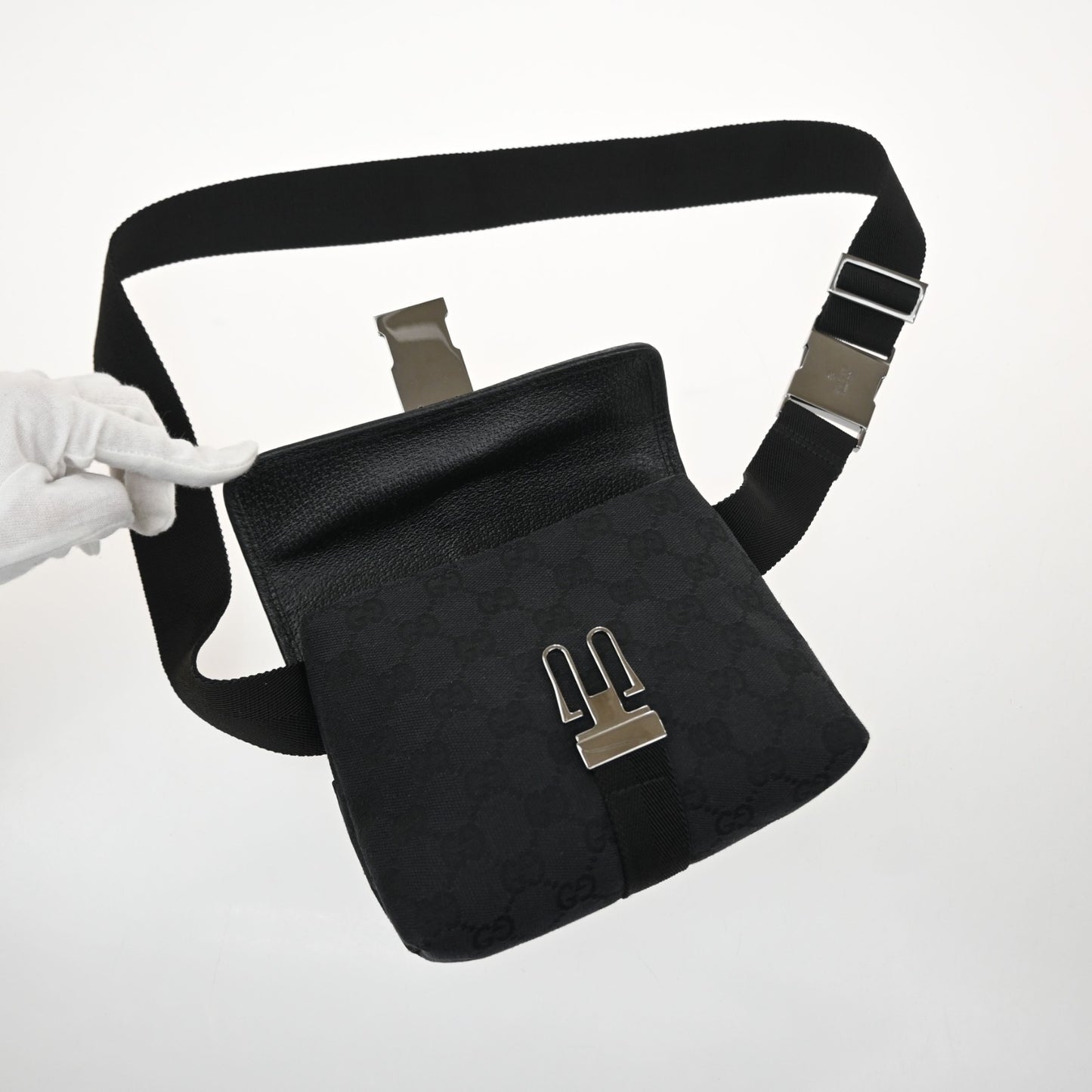 GUCCI Logo GG Pattern Mini Bum Bag Canvas Leather Black SHW Italy 85MA664