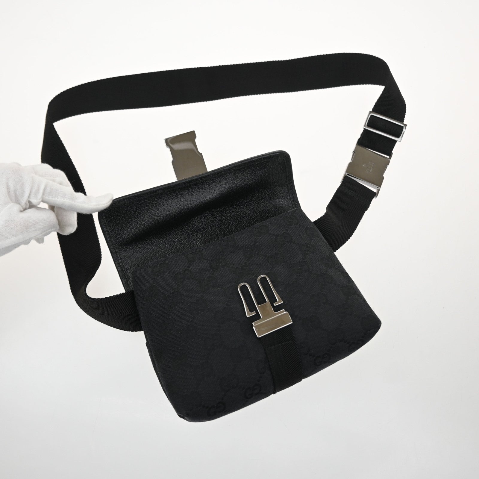 GUCCI Logo GG Pattern Mini Bum Bag Canvas Leather Black SHW Italy 85MA664