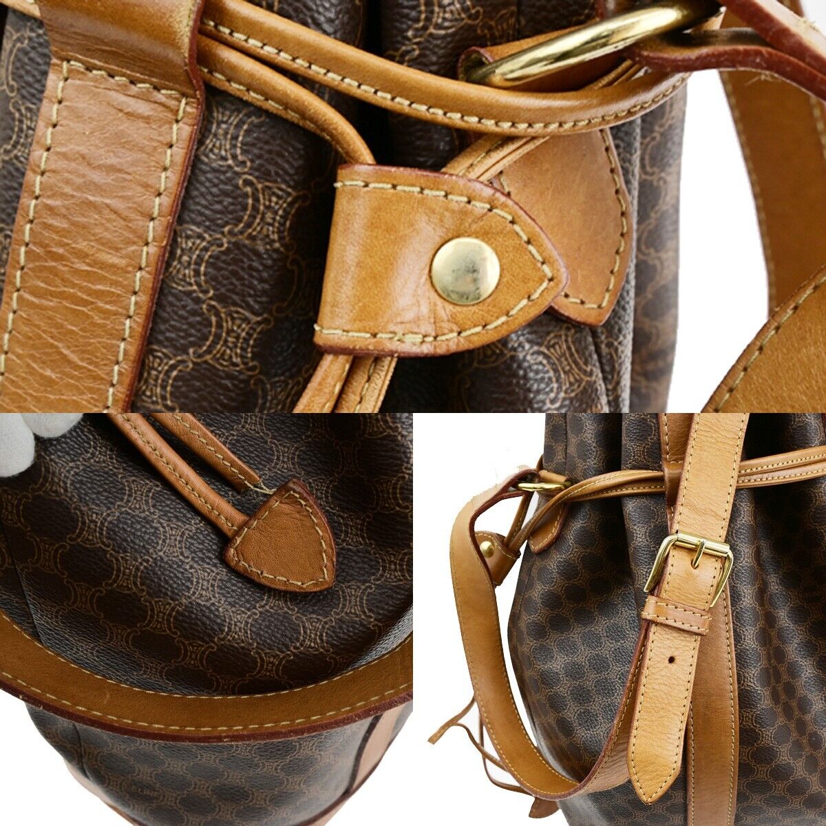 CELINE Logo Macadam Pattern Drawstring Shoulder Bag PVC Leather Brown 69HB986
