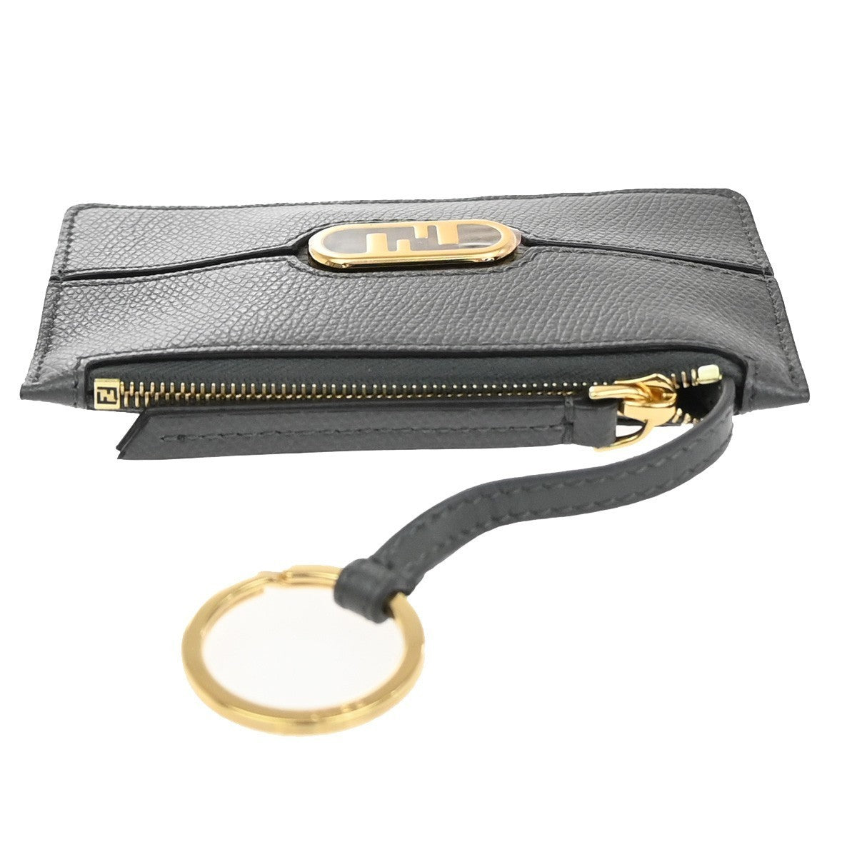 FENDI O' Lock Fragment Case Coin Wallet Purse Leather Grey Gold Italy 30KP201