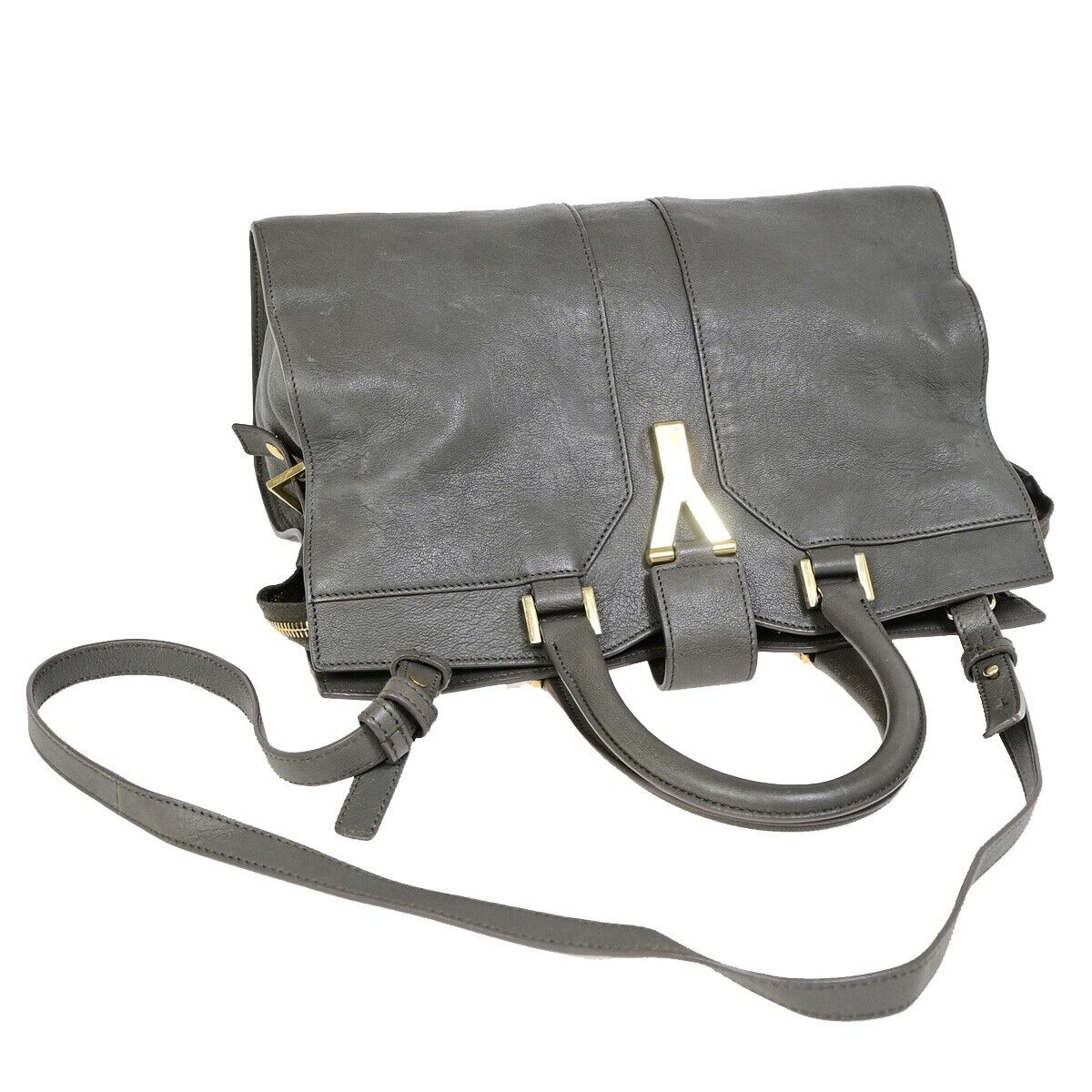 YVES SAINT LAURENT YSL 2Way Cabas Chyc Hand Shoulder Bag Leather Gray 35SH912