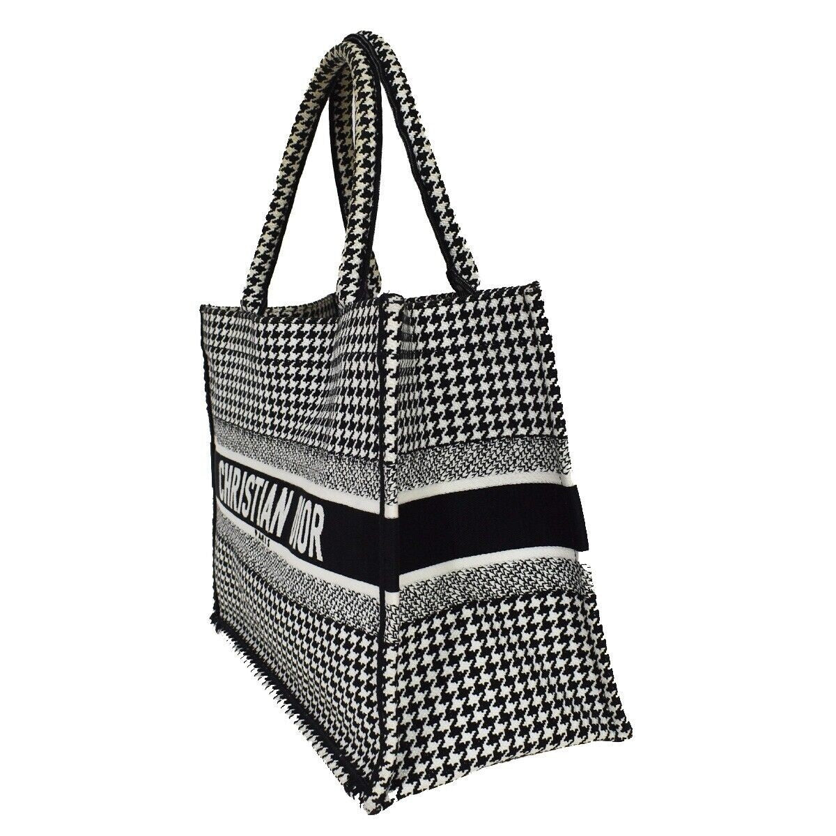 CHRISTIAN DIOR Book Tote Medium Hand Bag Houndstooth Canvas Leather BK 307LC341