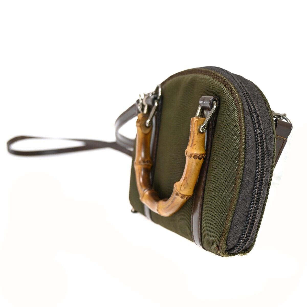 GUCCI Logo Bamboo Mini 2Way Shoulder Hand Bag Canvas Leather Khaki Italy 05HB244