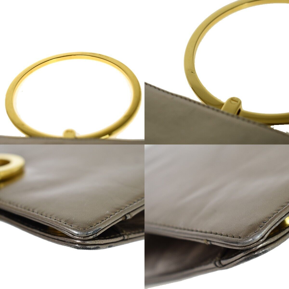 SALVATORE FERRAGAMO Gancini Metal Handle Clutch Hand Bag Leather Gold 62EA805